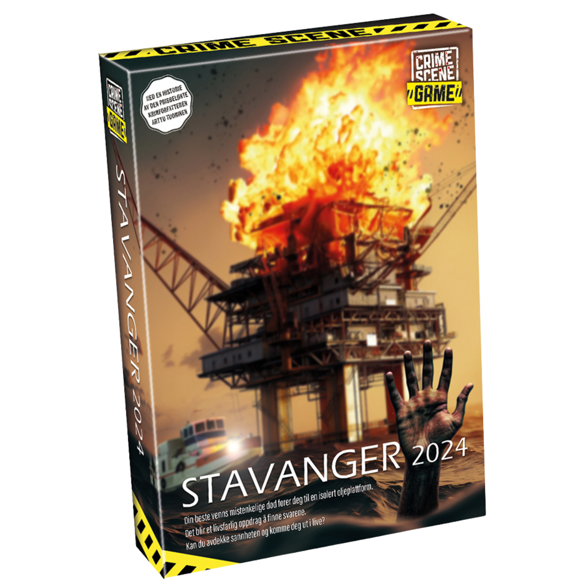 Crime Scene Stavanger 2024 spilleske med brennende oljeplattform motiv